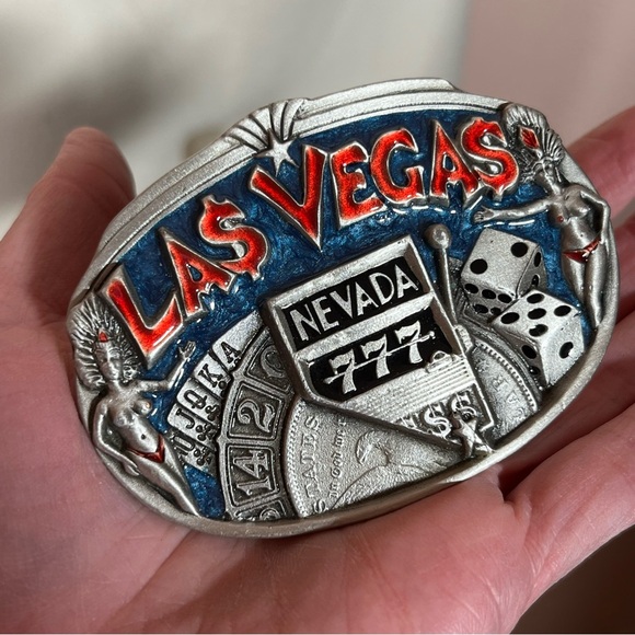 Vintage 1980's Las Vegas Heavy silver western trucker belt buckle made in USA - Picture 10 of 17
